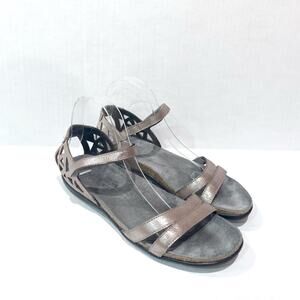 NAOT Bonnie Silver Metallic Leather Sandal Hook Loop Cork Footbed SIZE 40